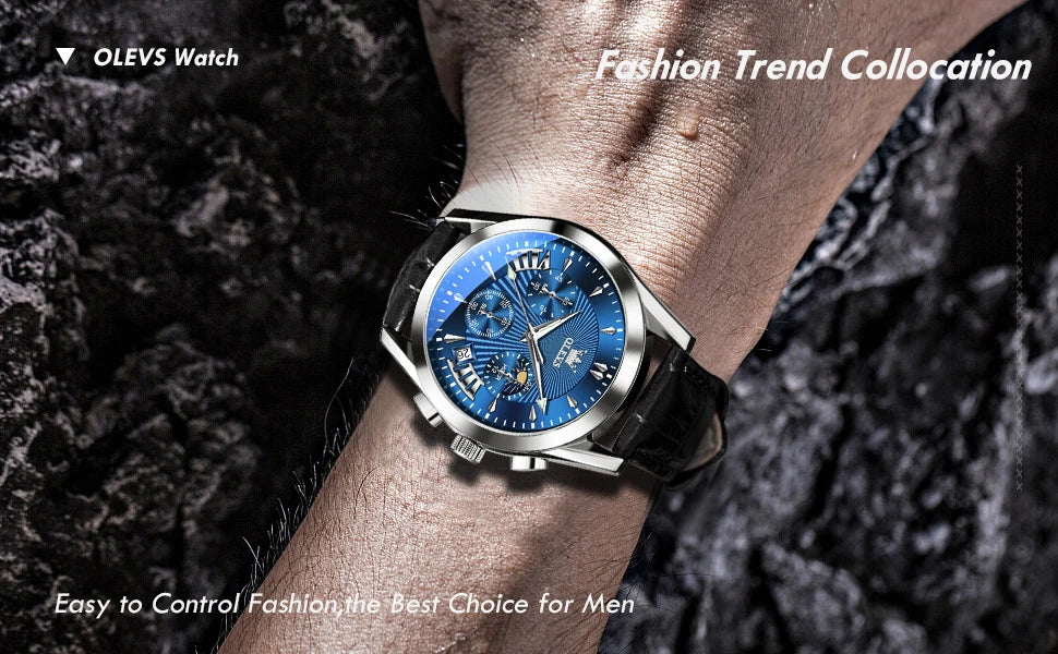 OLEVS Quartz Men's Watch – Luxury Waterproof Leather Wristwatch for Business