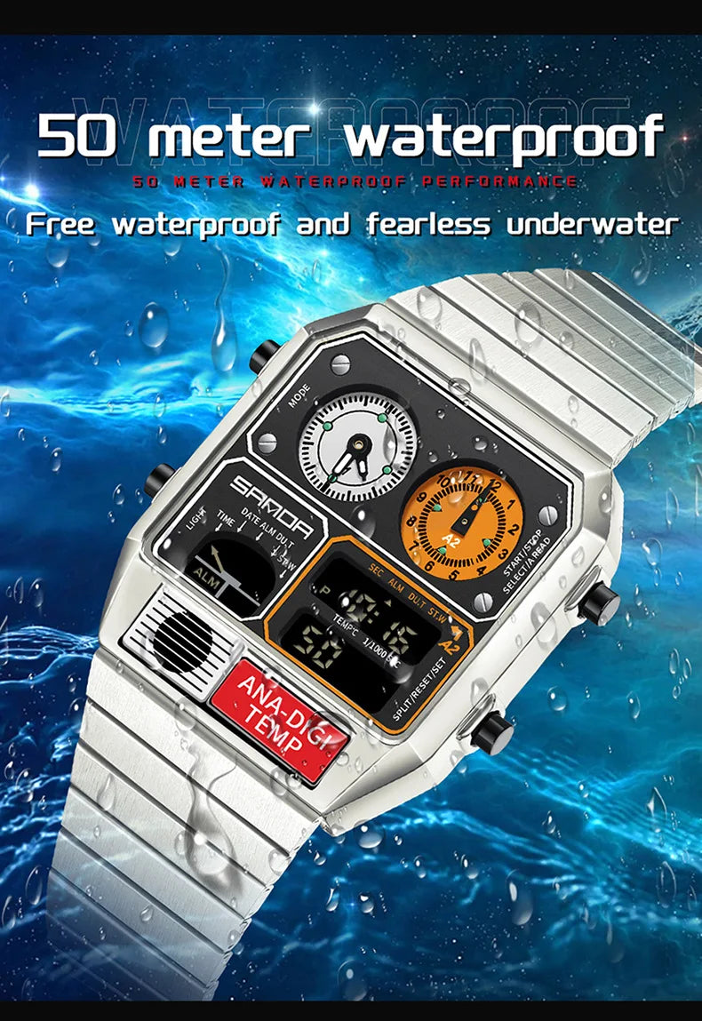 Square Stainless Steel Digital Watch – Temperature Gauge for Men's Sports