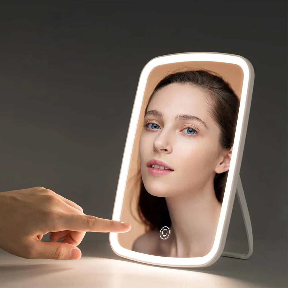 LED Makeup Mirror – Adjustable Touch Screen for Portable Cosmetic Travel