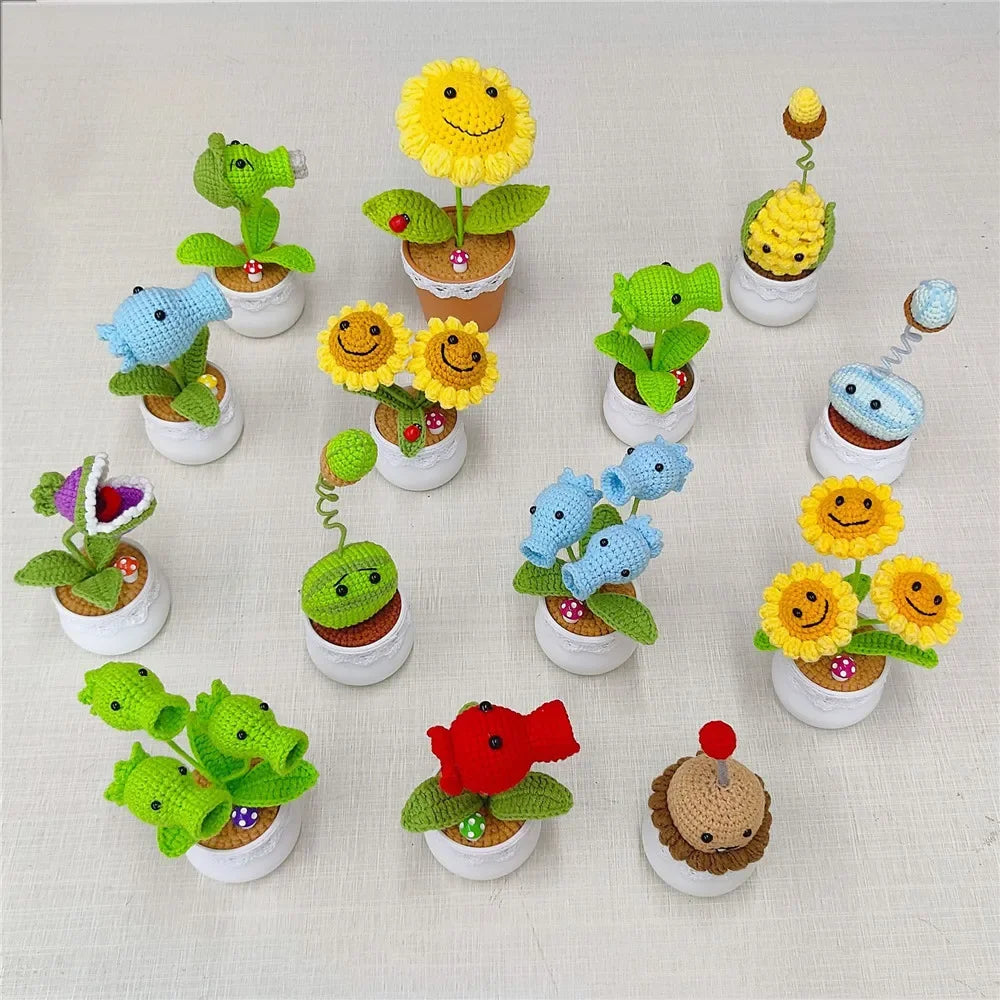 Knitted Sunflower and Pea Shooter – Plush Desk Decor for Home Office Gifts