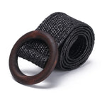 Woven Straw Waist Belt – Round Wooden Buckle for Summer Dress Accessories