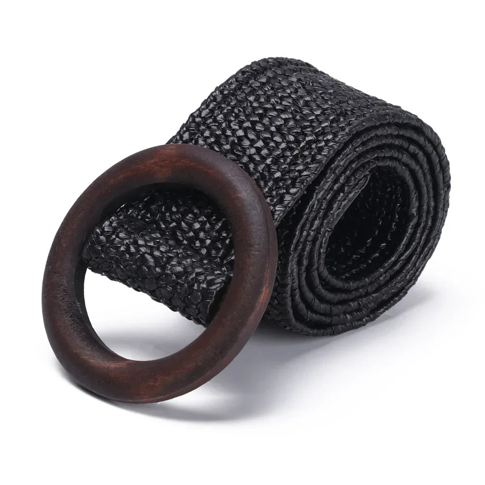 Woven Straw Waist Belt – Round Wooden Buckle for Summer Dress Accessories