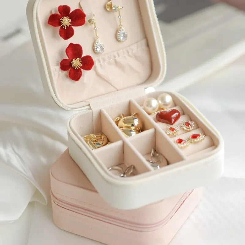 Leather Double Jewelry Box – Zippered Grid Organizer for Travel Storage