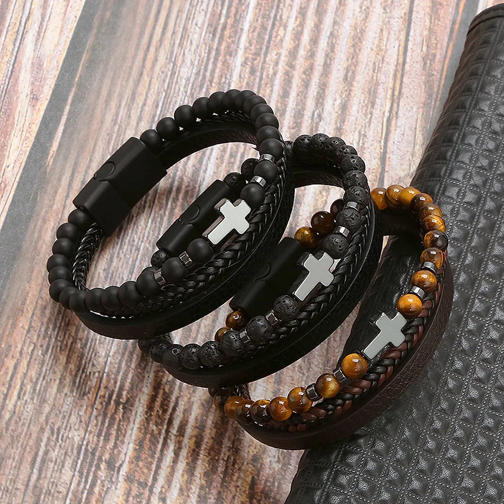 Tiger Eye Leather Bracelet – Multi-Layer Beaded Jewelry for Men