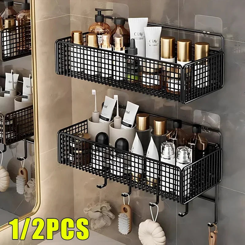 Bilayer Grid Wall Shelf – Adhesive Bathroom Organizer for Shower Storage