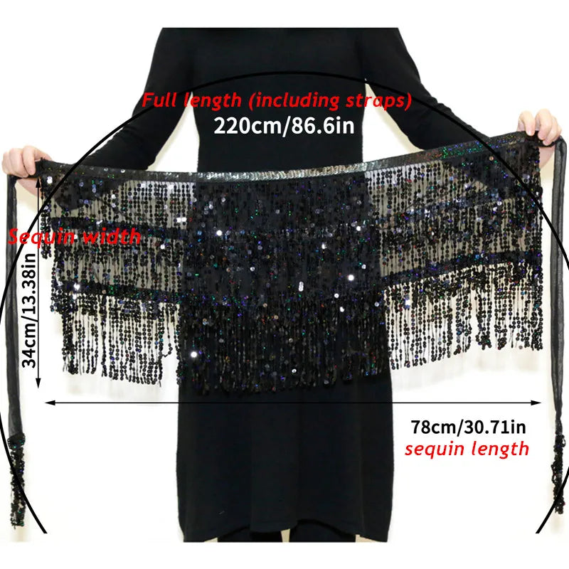 Black sequin fringe hip scarf with measurements, ideal for dance or costume accessory.