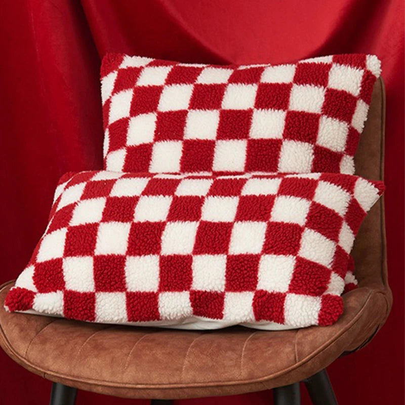 Black Faux Fur Throw Pillow Cover – Checked Wool Cushion for Sofa Decor