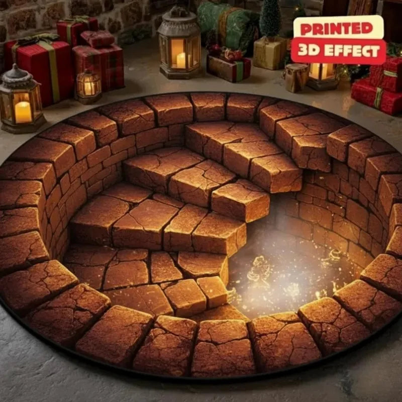 3D Illusion Rug – Golden Glow Pit Hole Carpet for Christmas Holiday Decor