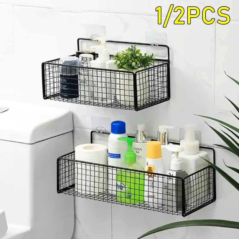 Bilayer Grid Wall Shelf – Adhesive Bathroom Organizer for Shower Storage