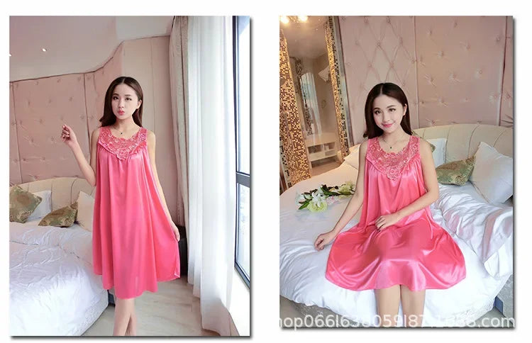 Ice Silk Sleep Dress – Plus Size Women's Tank Nightgown for Summer Housewear