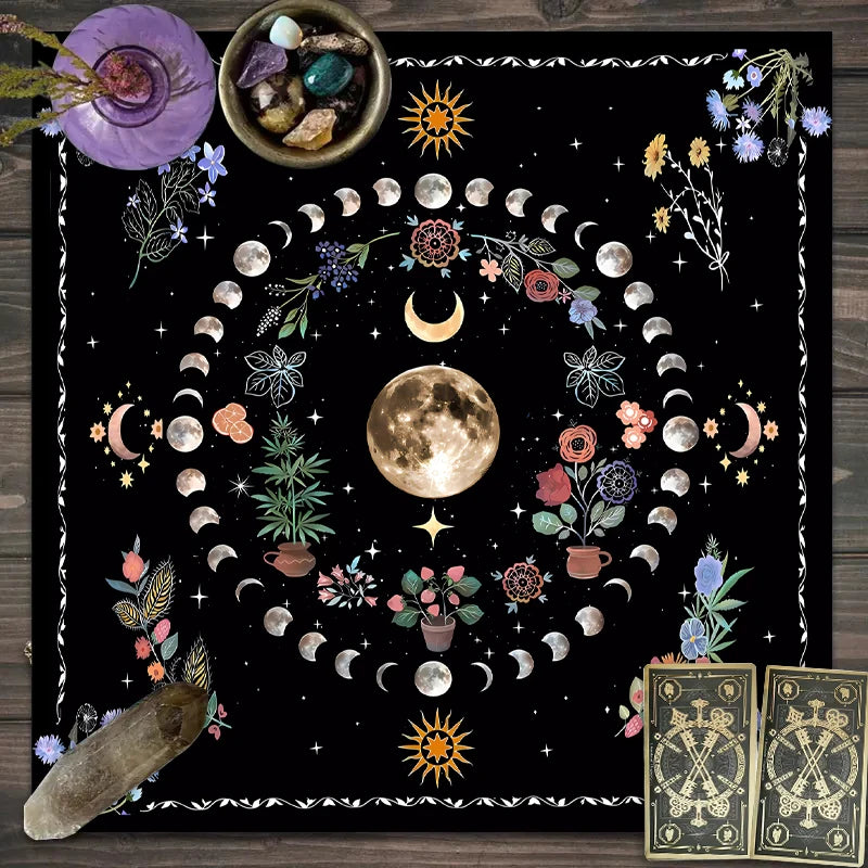 Moonlight Flower Tarot Tablecloth – Velvet Altar Mat for Witchcraft Rituals