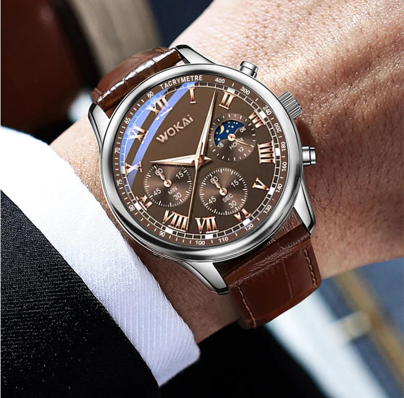 Leather Quartz Men's Watch – Elegant Analog Sport Timepiece for Business