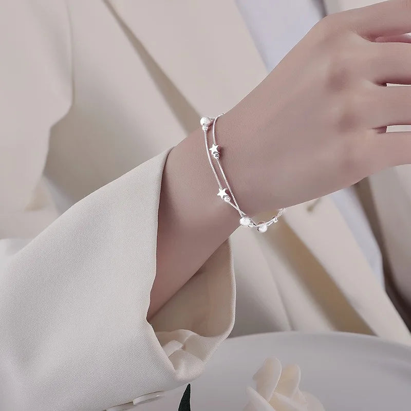 925 Sterling Silver Star Bracelet – Adjustable Double Layer for Party Jewelry