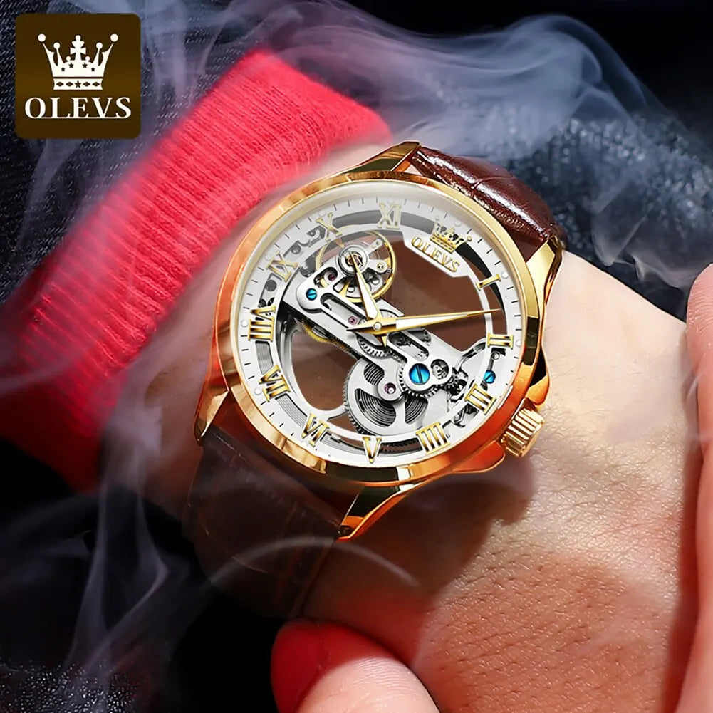 Automatic Skeleton Mechanical Watch – Leather Strap for Luxury Mens Formal Wear