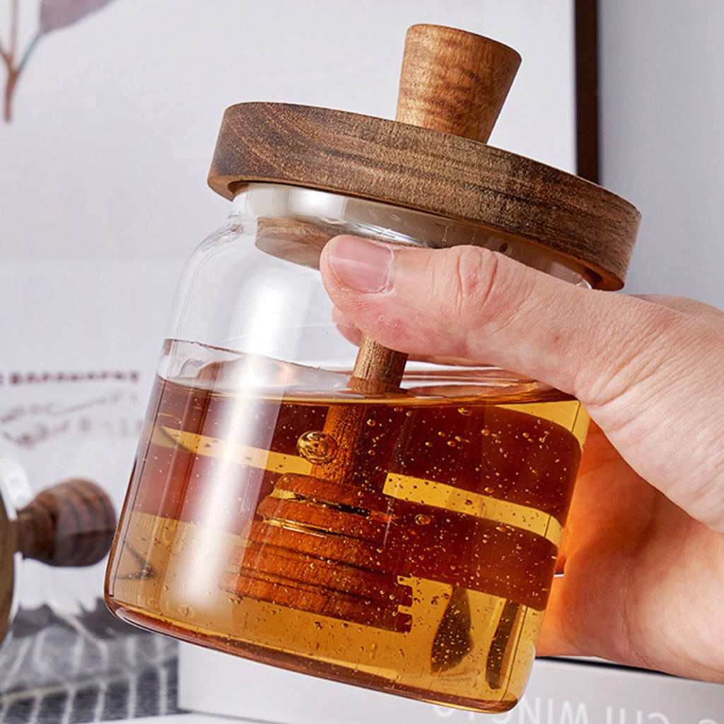 Glass Honey Dispenser – Wide Mouth Jar with Dipper for Syrup Storage