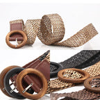 Braided Straw Waist Belt – Boho Wooden Buckle Accessory for Women