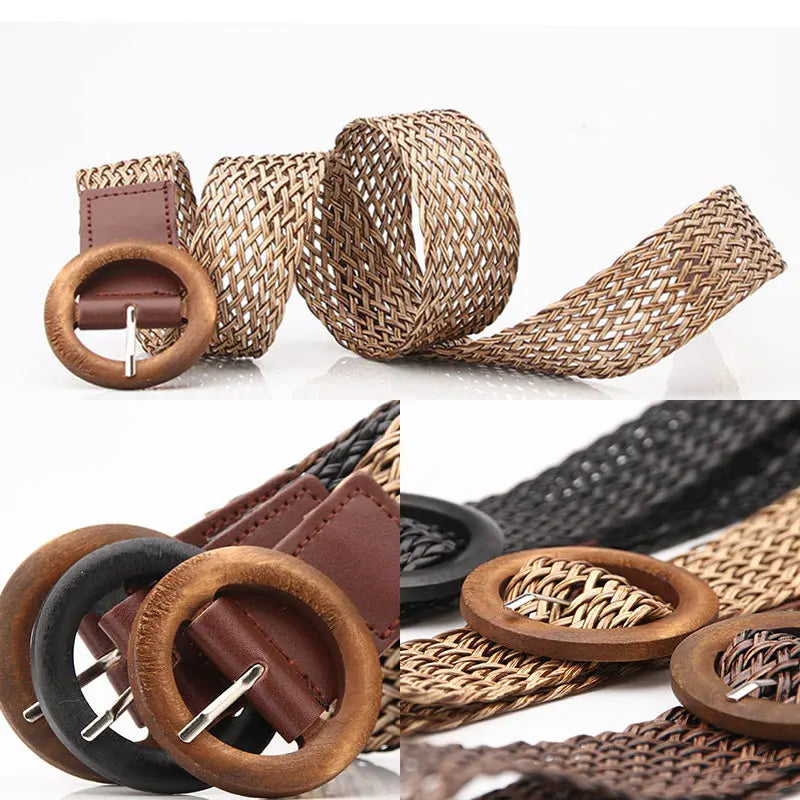 Braided Straw Waist Belt – Boho Wooden Buckle Accessory for Women