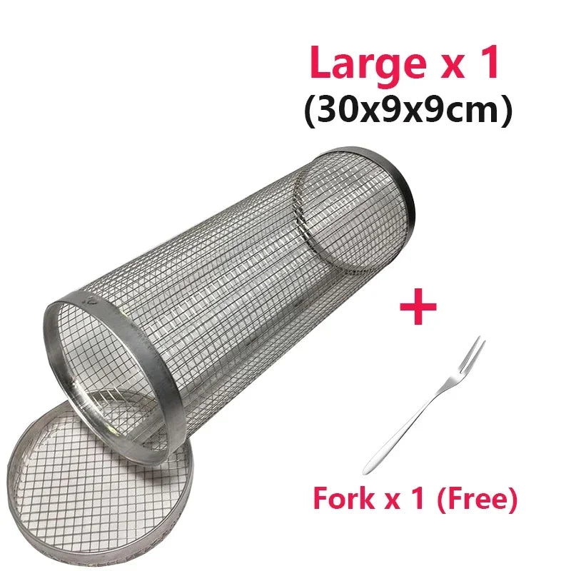Stainless Steel Rolling Grill Basket – Cylindrical Mesh Rack for BBQ Camping