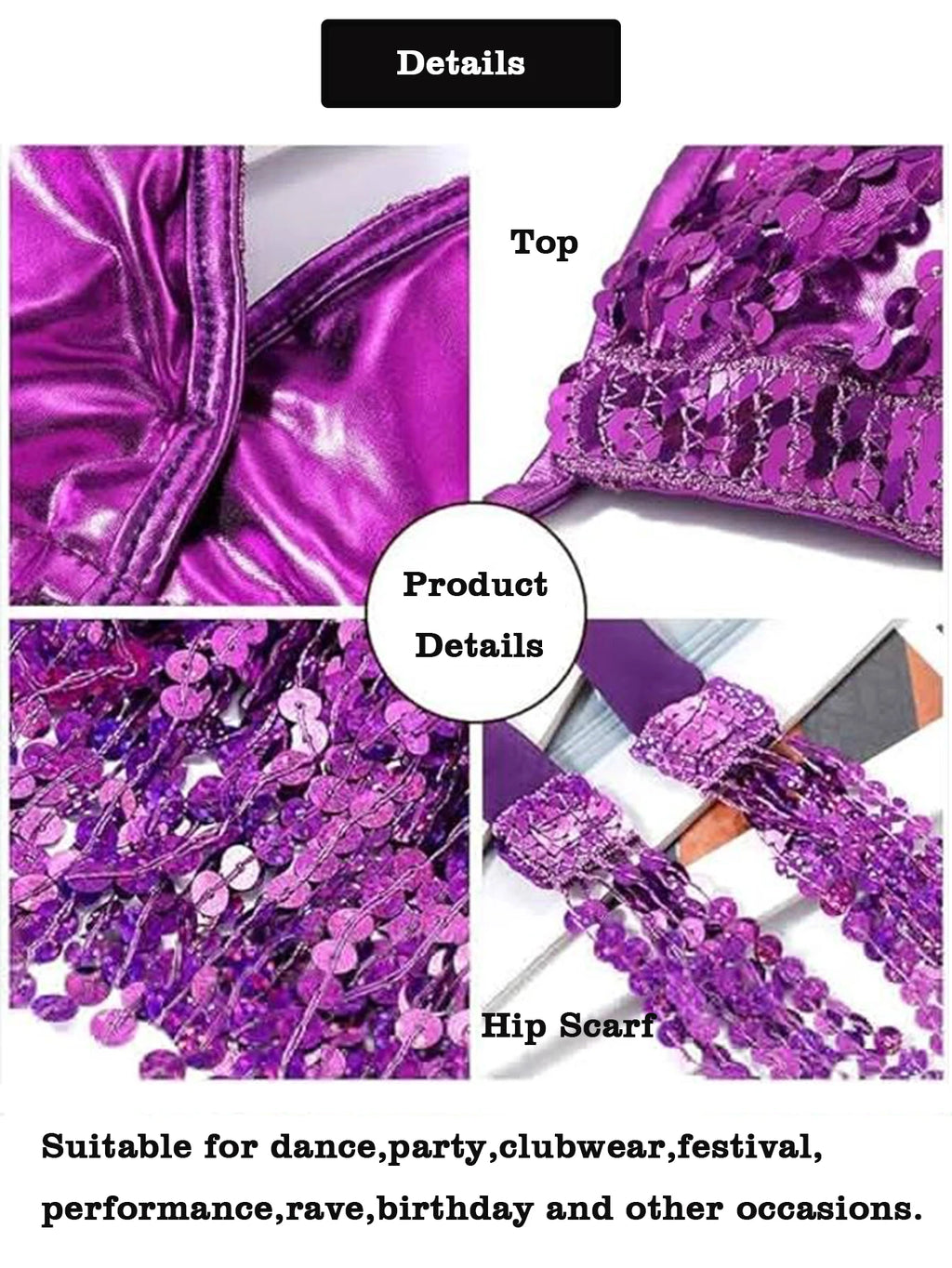 Close-up of shiny purple dance outfit with sequins, featuring top and hip scarf details.
