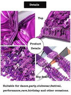 Close-up of shiny purple dance outfit with sequins, featuring top and hip scarf details.