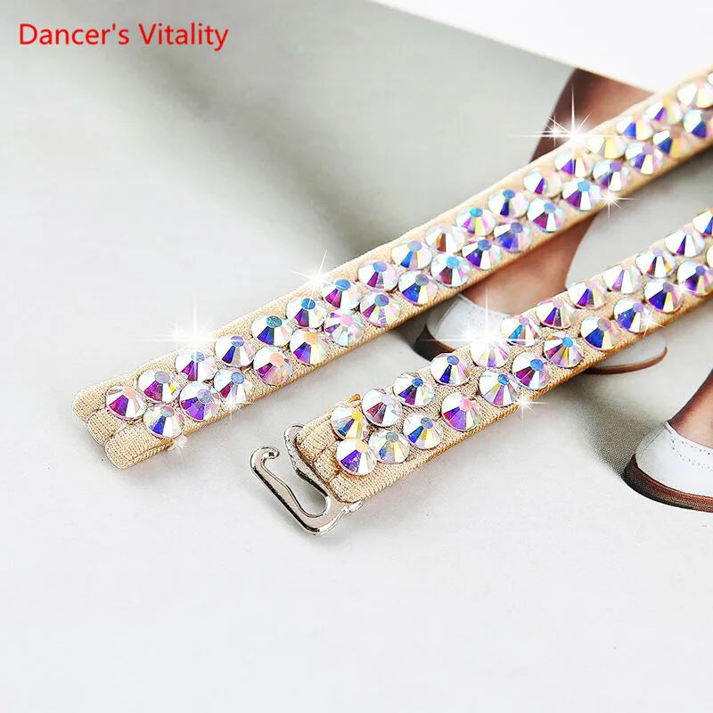 Gold elastic belt with sparkling iridescent rhinestones and metal hook clasp