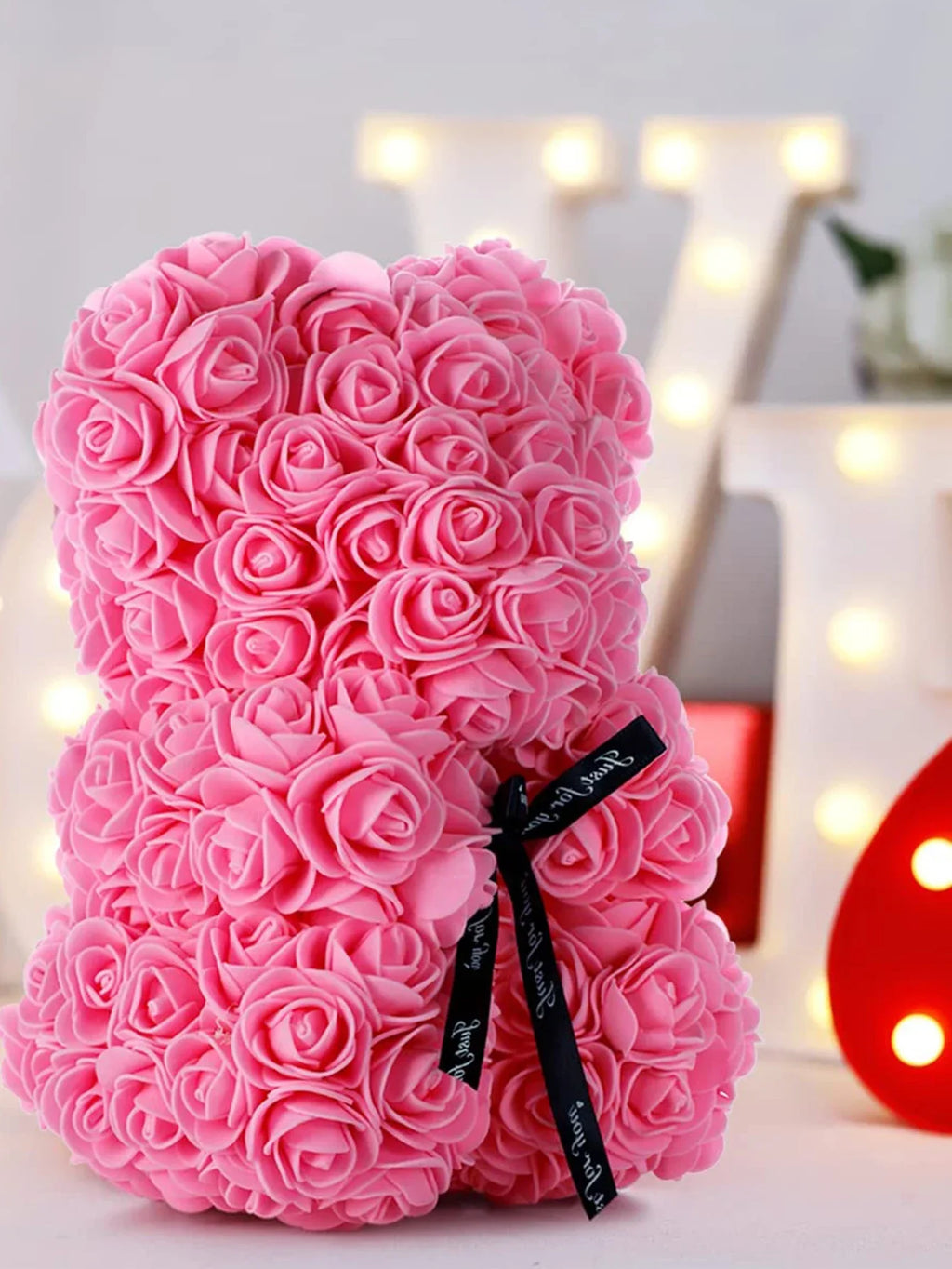 Artificial Rose Teddy Bear – 25cm Flower Figurine for Anniversary Gifts