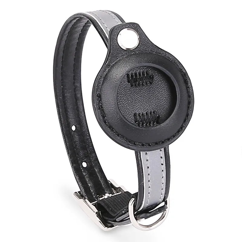 Adjustable Leather Airtag Collar – Reflective GPS Tracker for Pets