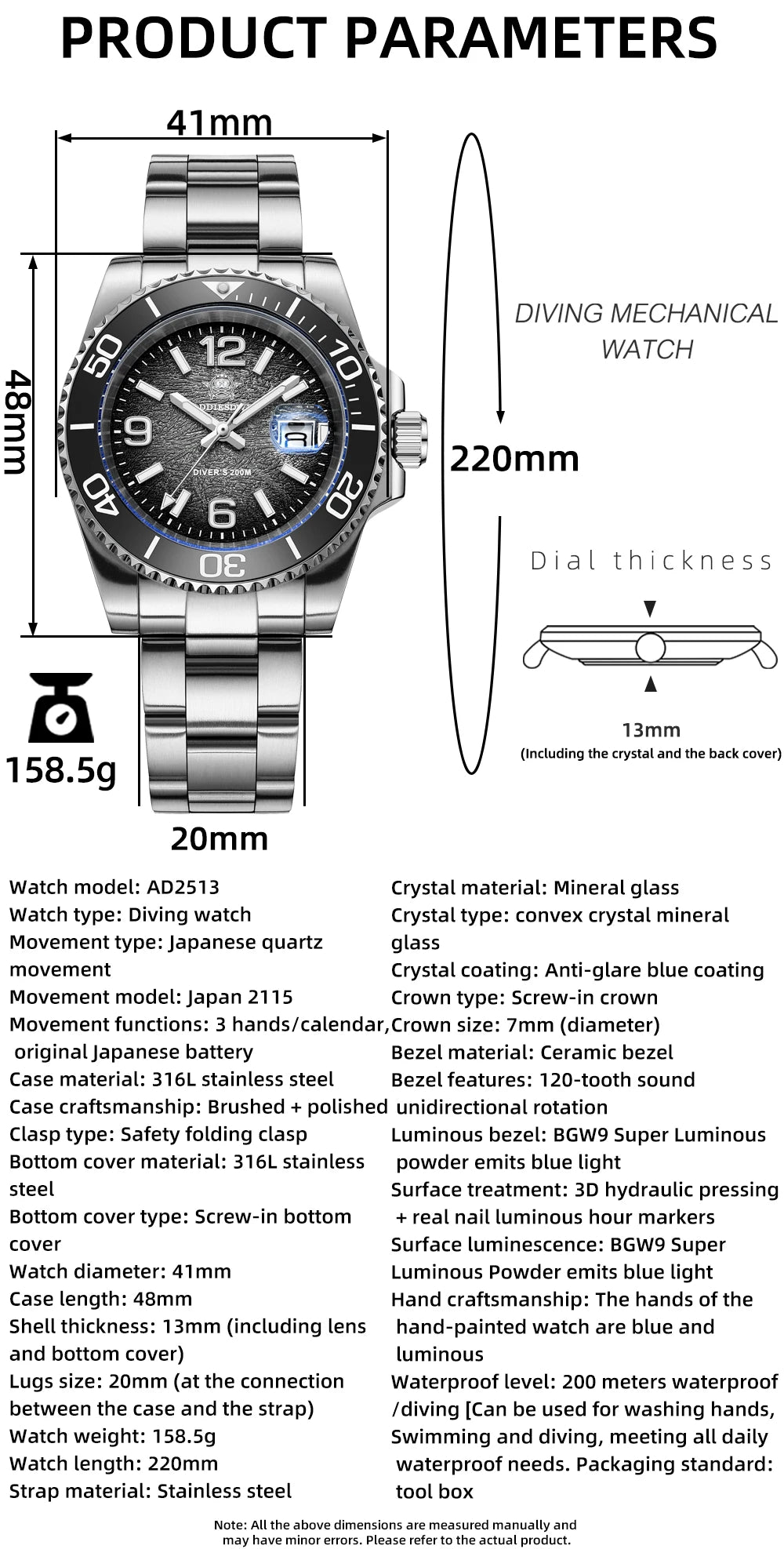 ADDIESDIVE 41mm Men's Diving Watch – Stainless Steel Quartz for Scuba Diving