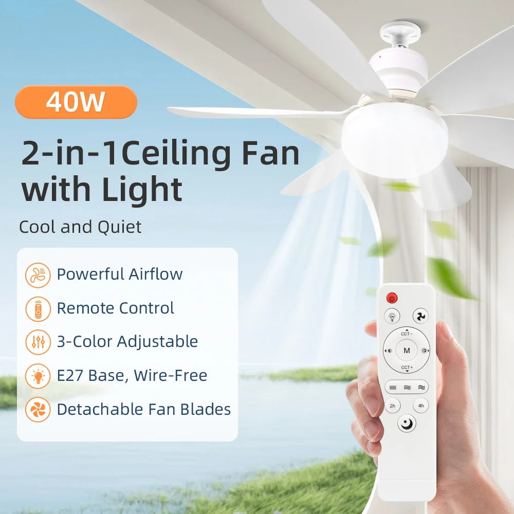 Silent Ceiling Fan Light – Remote Controlled E27 Lamp for Bedroom Living Room