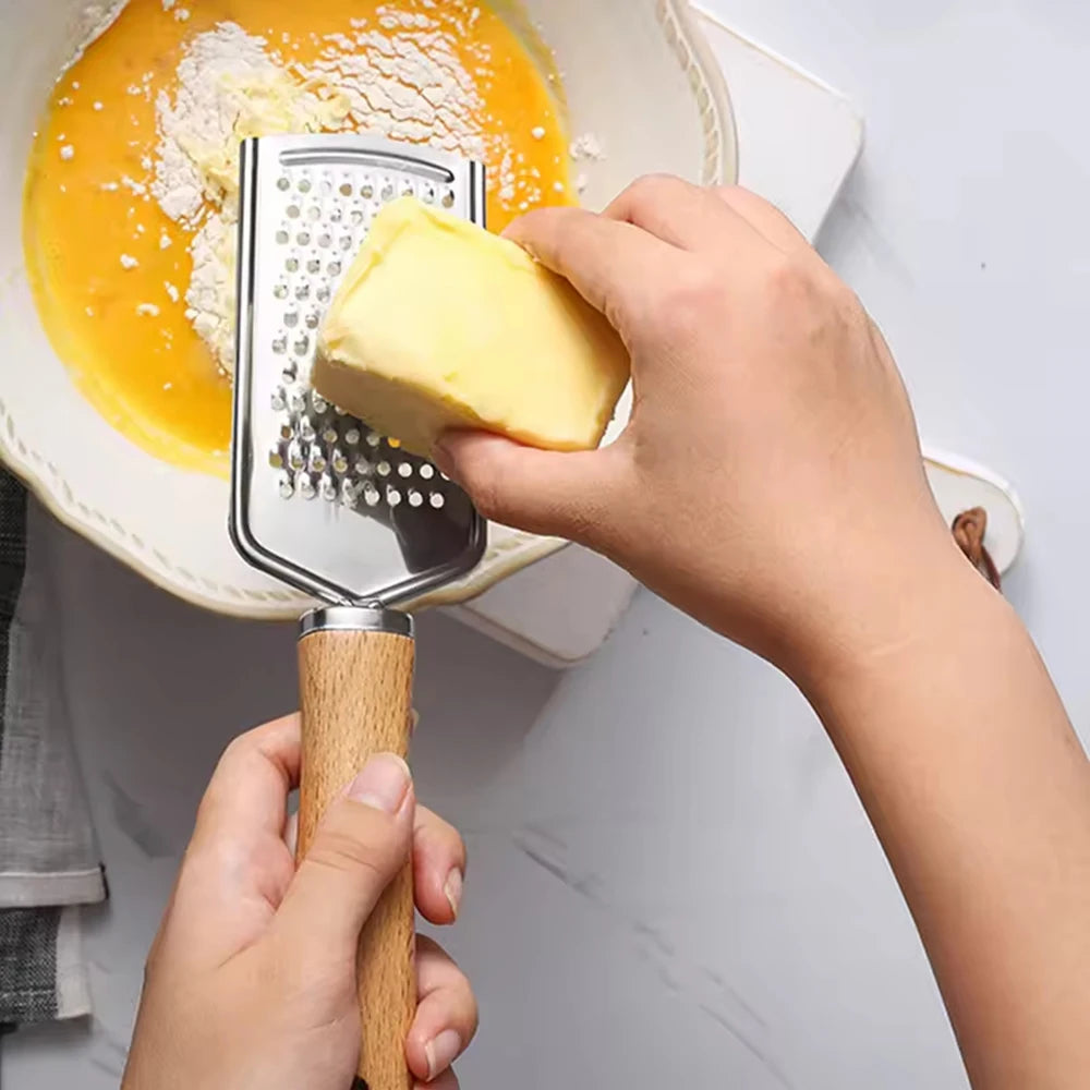 Stainless Steel Cheese Grater – Wooden Handle Tool for Kitchen Baking