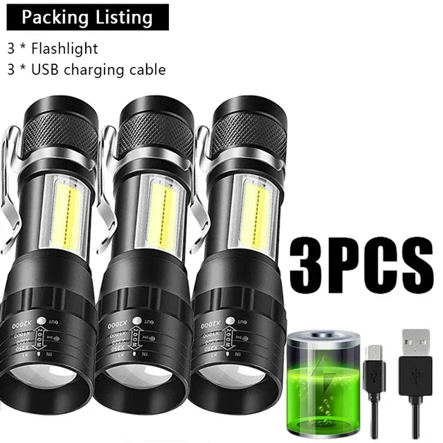 USB Rechargeable Mini Flashlight – Zoomable COB Torch for Camping and Emergency