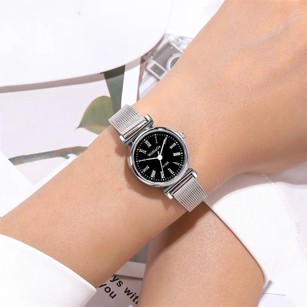 Silver Mesh Quartz Watch – Small Dial Stainless Steel for Women