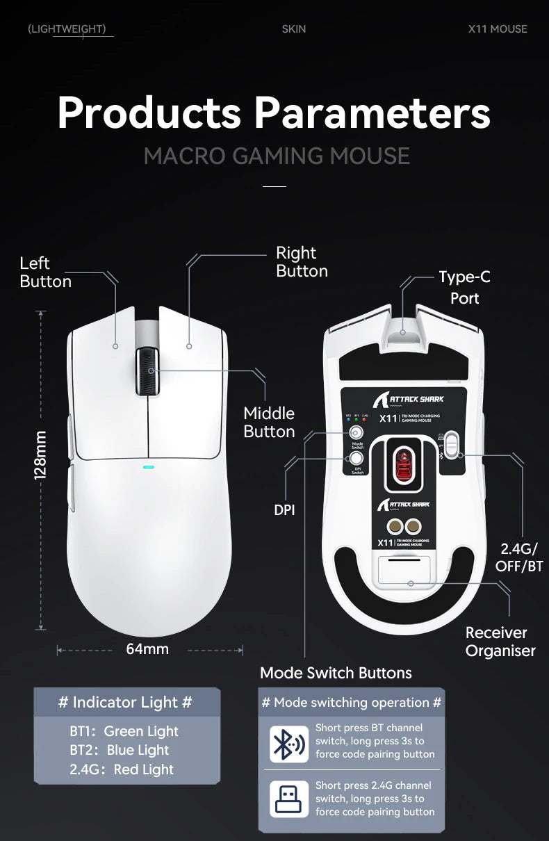 Attack Shark X11 Wireless Gaming Mouse – RGB Tri-Mode for PC Esports