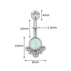 Opal and crystal belly button ring with measurements, silver finish, 10mm barbell