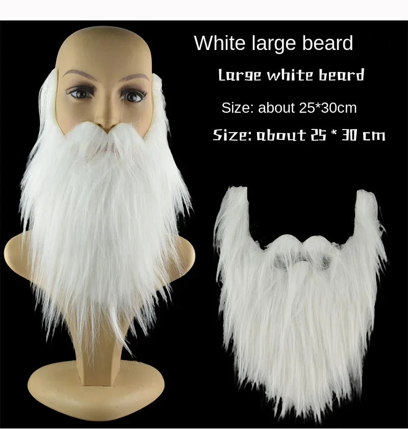 Large white realistic fake beard on mannequin head, costume accessory, 25x30cm