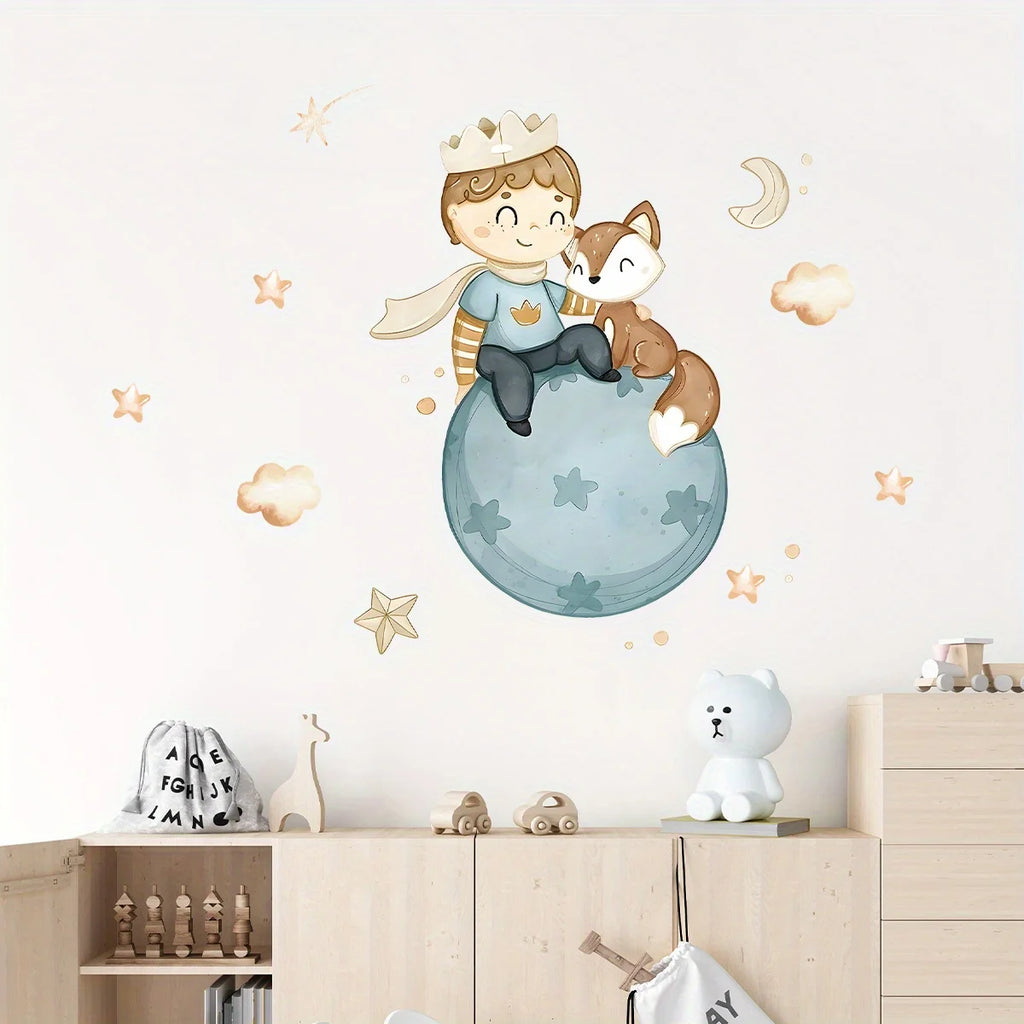 Cute Prince Fox Wall Decals – Cartoon Balloon Star Decor for Nursery Bedroom