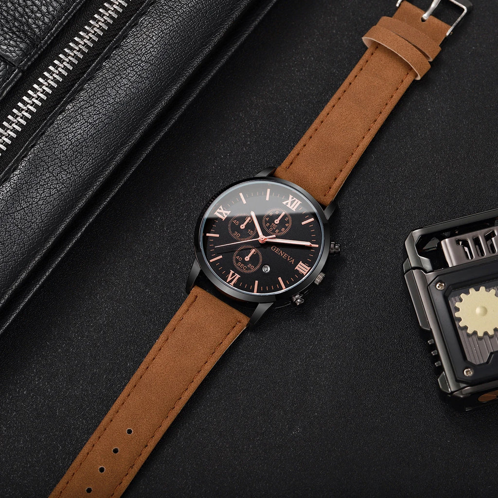 Leather Quartz Calendar Watch – Elegant Fashion Accessory for Men and Women