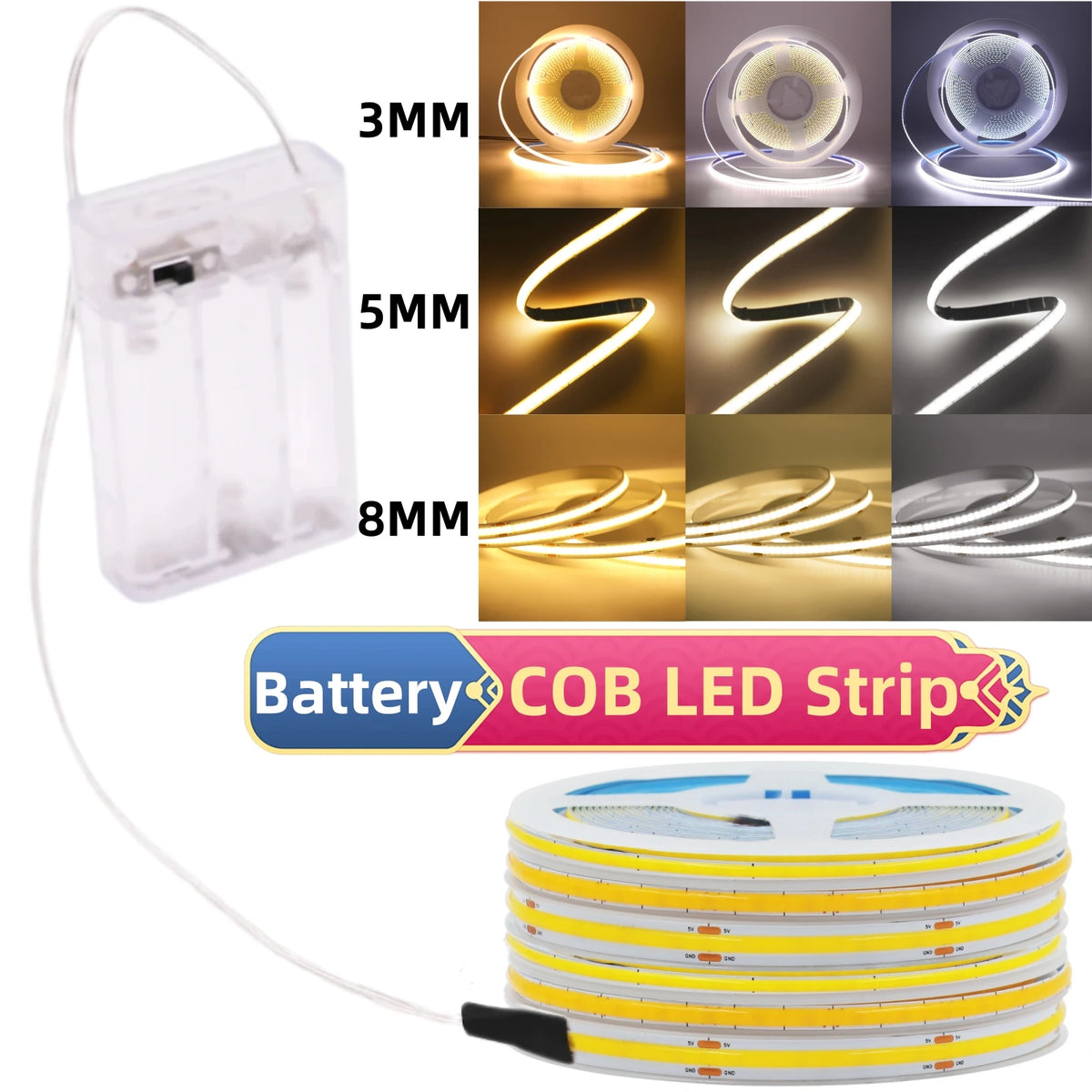 Flexible COB LED Strip Light – High Density Battery Powered for Night Decor