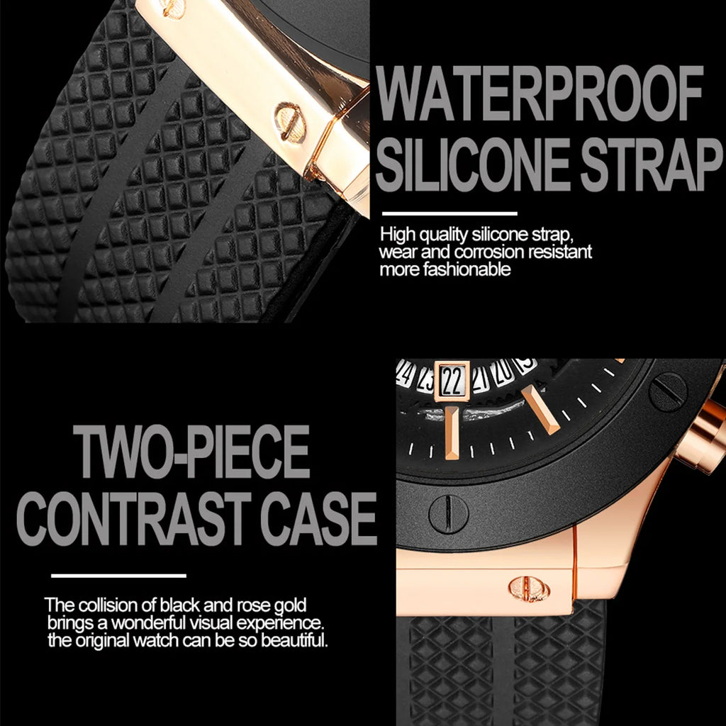 Mens Rose Gold Silicone Sports Watch – 46mm Hollow Dial for Daily Fashion