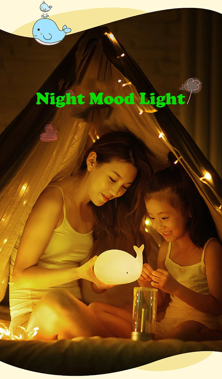 Silicone Whale LED Night Light – Rechargeable RGB Lamp for Kids Bedroom Decor