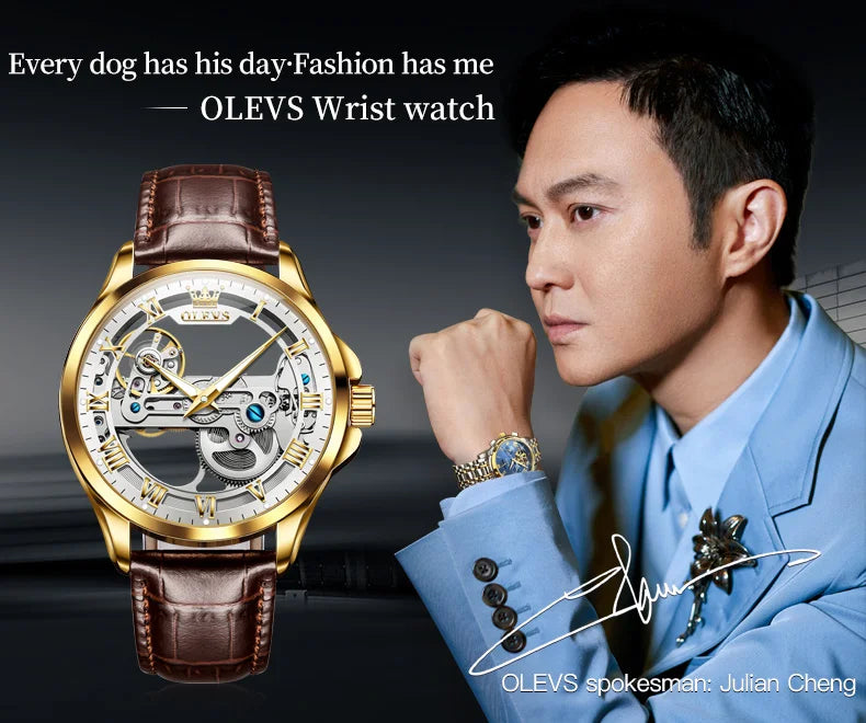 Automatic Skeleton Mechanical Watch – Leather Strap for Luxury Mens Formal Wear