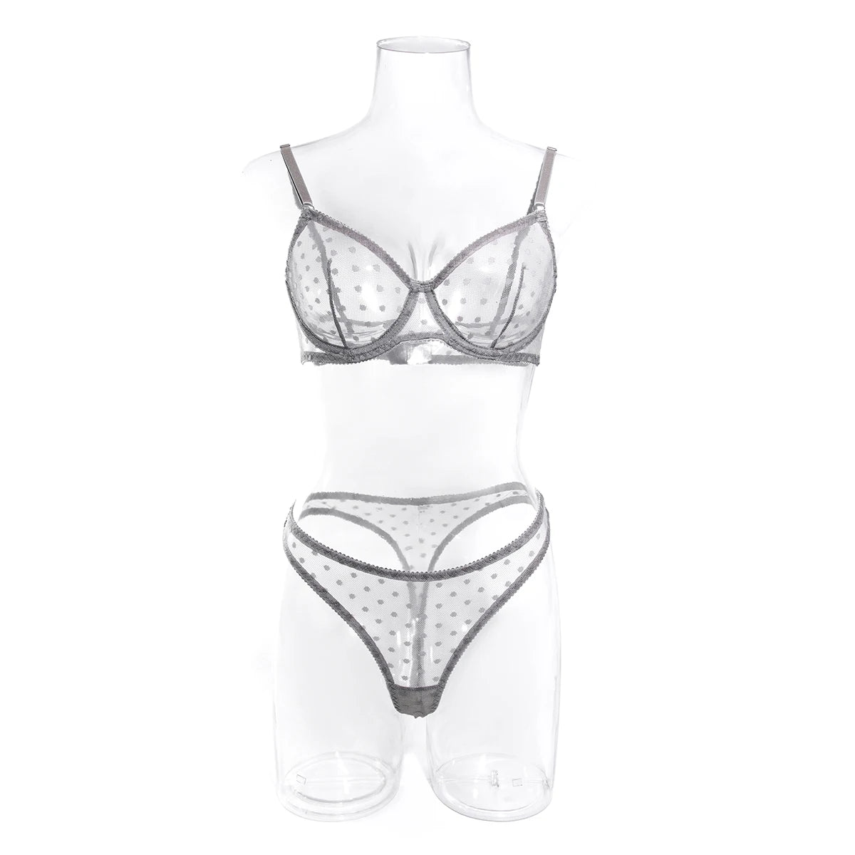 Polka Dot Mesh Lingerie Set – Sheer Underwire Bra and G-String for Women