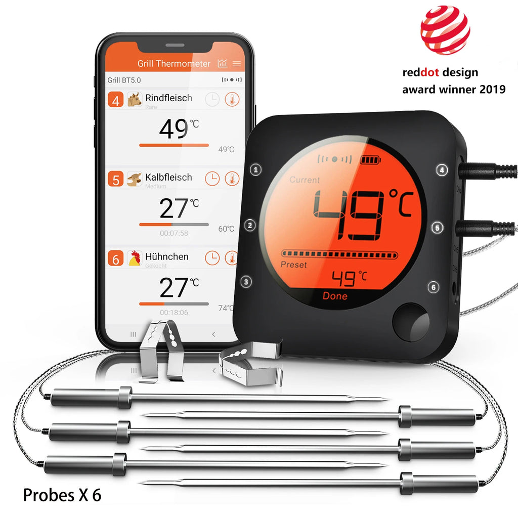 Wireless Meat Thermometer – 6-Probe Digital BBQ Tool for Smoker Grill Cooking