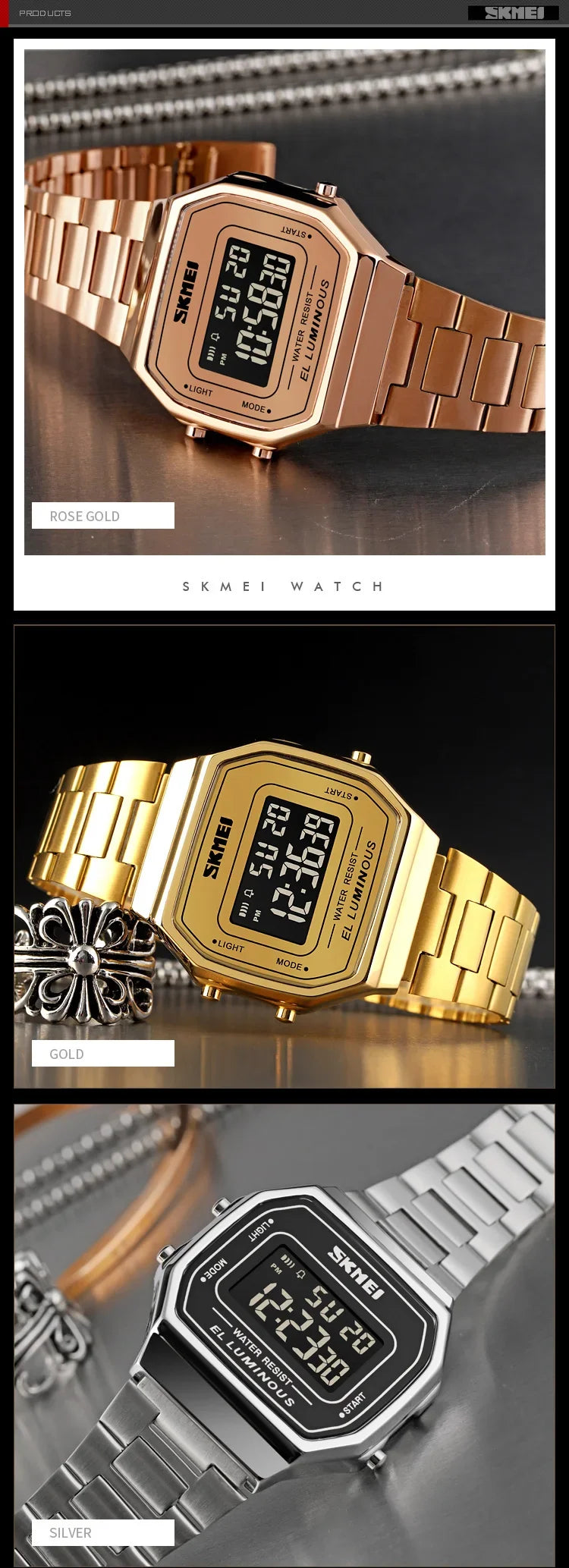 Retro LED Digital Watch – Stainless Steel Wristwatch for Men