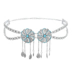 Silver floral chain belt with turquoise accents and dangling charms, boho jewelry accessory