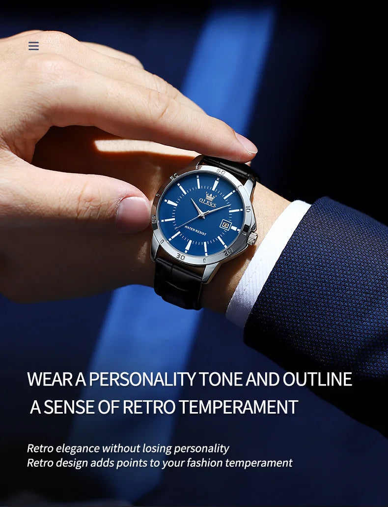 OLEVS Quartz Wristwatch – Leather Strap Classic Date for Men's Business