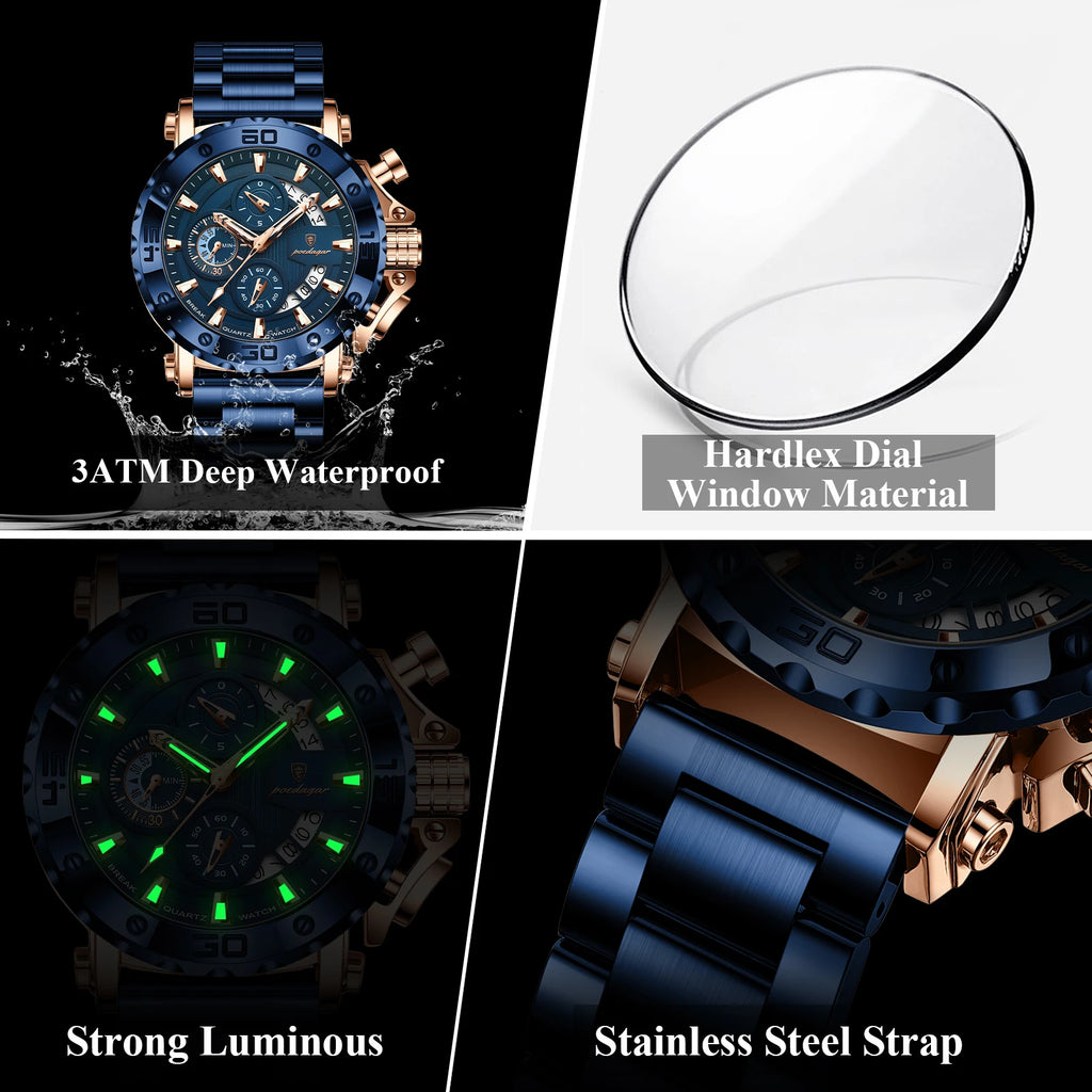 Stainless Steel Chronograph Watch – Luminous Waterproof Quartz for Men