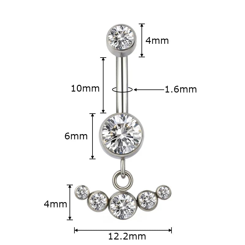 Crystal belly button ring with five clear gemstones, silver barbell, labeled measurements