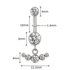 Crystal belly button ring with five clear gemstones, silver barbell, labeled measurements