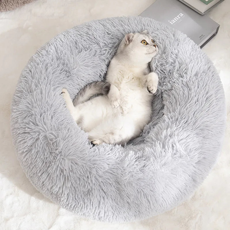 Plush Donut Dog Bed – Large Round Fluffy Kennel for Winter Pet Comfort
